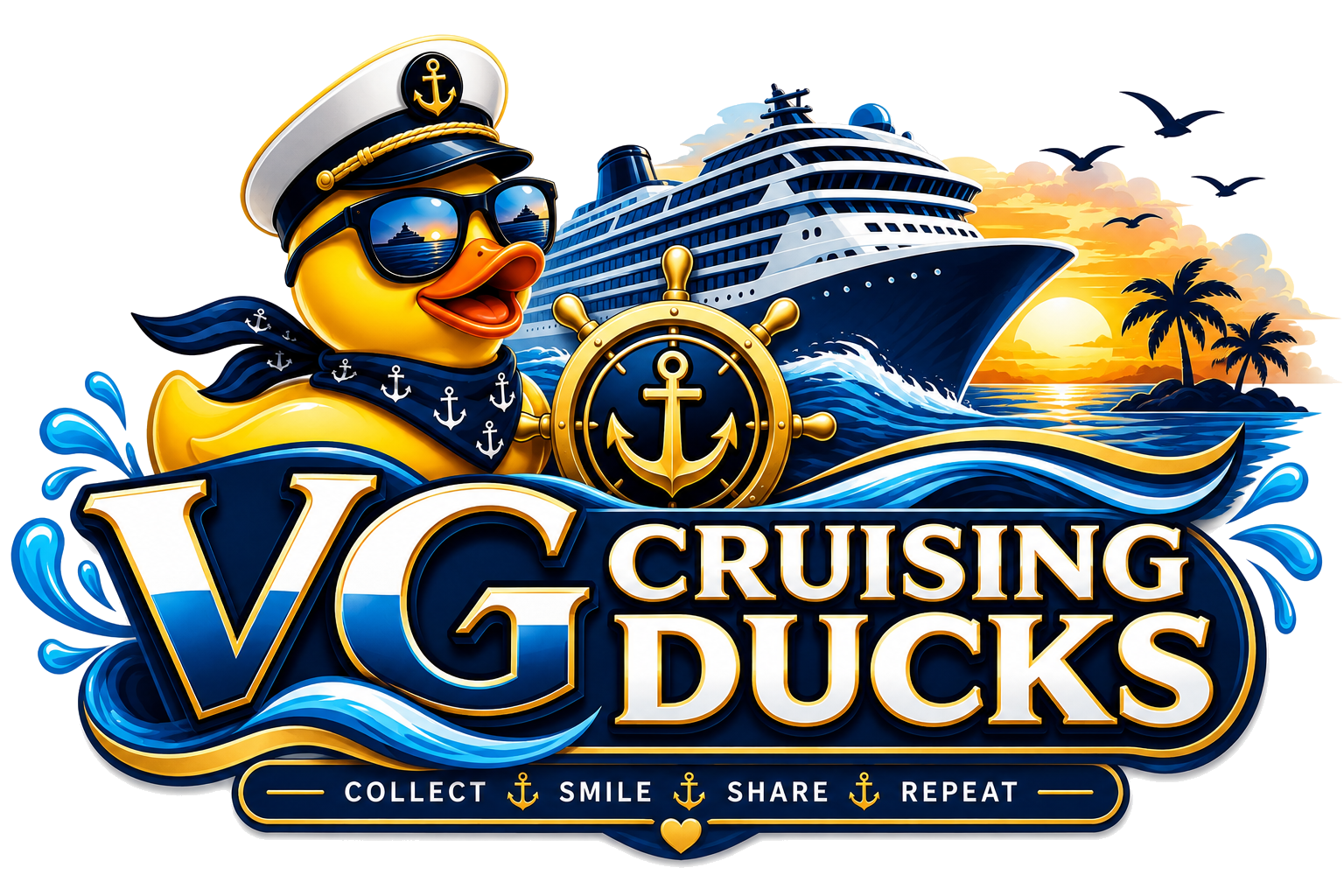 VG Cruising Ducks logo: a captain rubber duck with a cruise ship, ship's wheel and sunset
